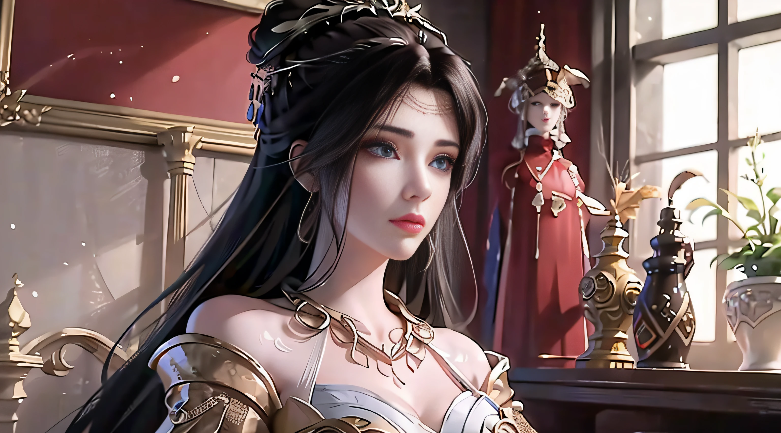 best qualtiy，tmasterpiece，Extremely Delicately Beautiful，The is very detailed，CG，unified，8k wallpaper，Beautiful Meticulous Girl，（very vey very detailed face）， 1girll，独奏，full bodyesbian，Stand in a festive room，Wearing a long red dress，large tities