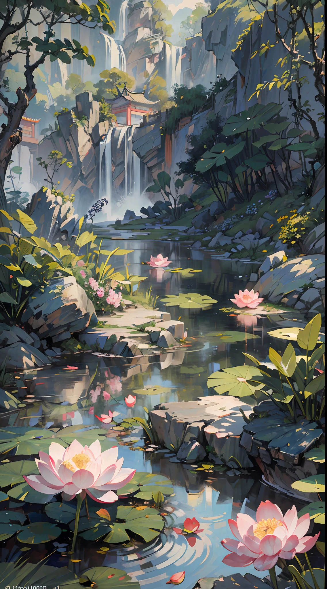 ((meilleure qualité, chef-d&#39;œuvre: 1.2)), cg, 8k, Détails complexes, perspective cinématographique, (Personne autour), (Jardin chinois antique), pond filled with lotus fleurs, rochers, fleurs, forêts de bambous, cascades, zones boisées, petits ponts enjambant des ruisseaux babillants, detailed foliage and fleurs, (la lumière du soleil brille, Vagues scintillantes), ambiance paisible et sereine, ((Couleurs douces et élégantes)), ((Composition exquise))