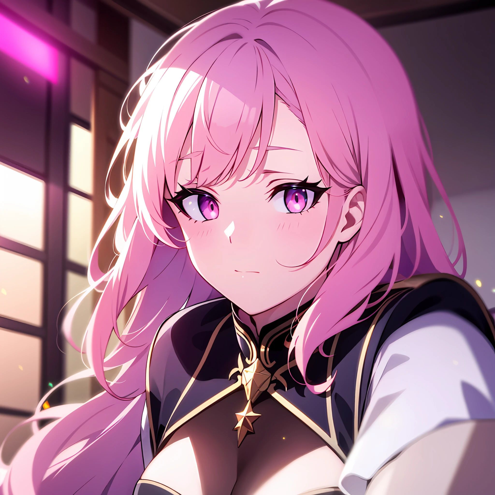 {{{{masterpiece, extremely detailed, intricate details, soft focus, 8K, highres, depth of field, absurdres, high quality facial shadowing, dynamic shadowing, extreme shaders, cinematic lighting, perfect lighting, soft lighting, hazy lighting, blurry foreground, lens flare}}}}, {pink hair}, {hair 1:3}, {pink eyes}, {laying on bed}