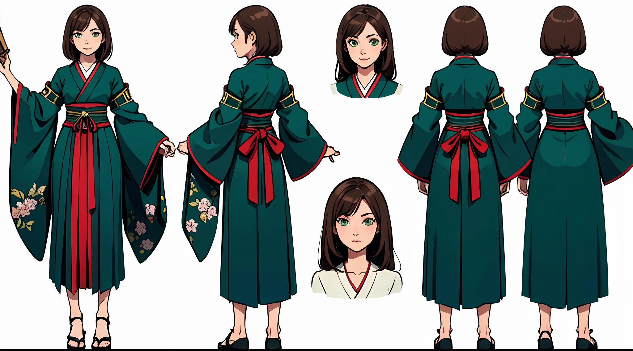 (masterpiece), best quality, (character design sheet, same character, full body, side, back), illustration, (beautiful detailed hair detailed face), 1 girl, solo, perfect feminine face, very stunning woman, pose zitai, detailed design character, chesnut brown hair, left sided bangs, shorr length hair, green eyes, traditional hakama samurai kimono, (simple background, white background: 1.3)