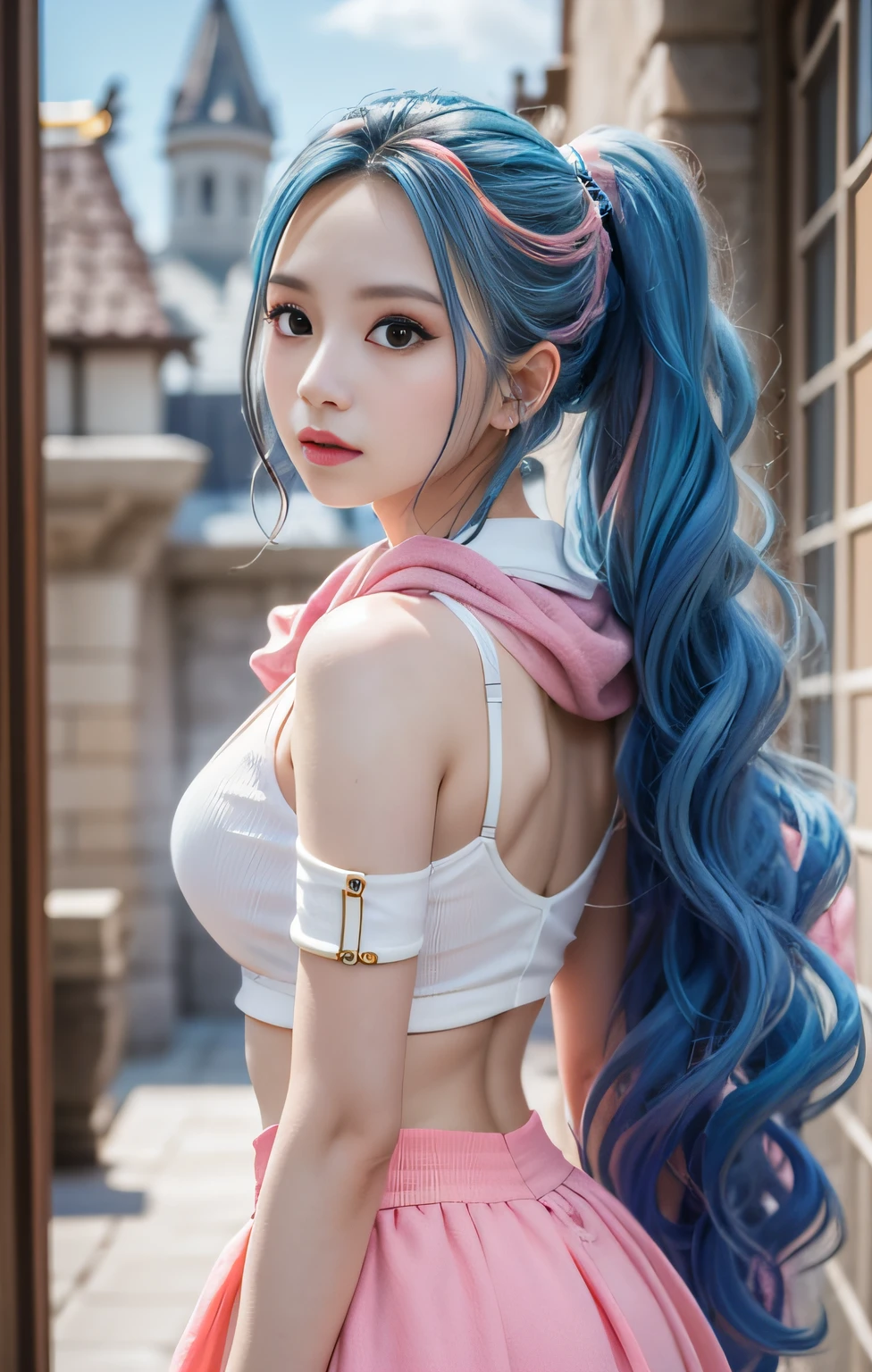 masutepiece, Best Quality,8K,highest grade, absurderes, Extremely detailed, nefertari vivi, 1 girl, Solo, Looking at Viewer, long wavy light blue hair, with two locks hanging down, one on either side of her head, which started out at about chin-length, She is most often、I wear it with my hair pulled back into a ponytail, and brown eyes, she is wearing a dancer outfit with a blue-pink top, blue-pink long skirt, and a white scarf, (Castle background),///,Details Eye Makeup