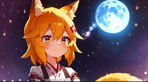 ultra-detailed starry night scene, extremely focused image, (detailed light: 1.05), a fox girl with orange hair, small stature, ...