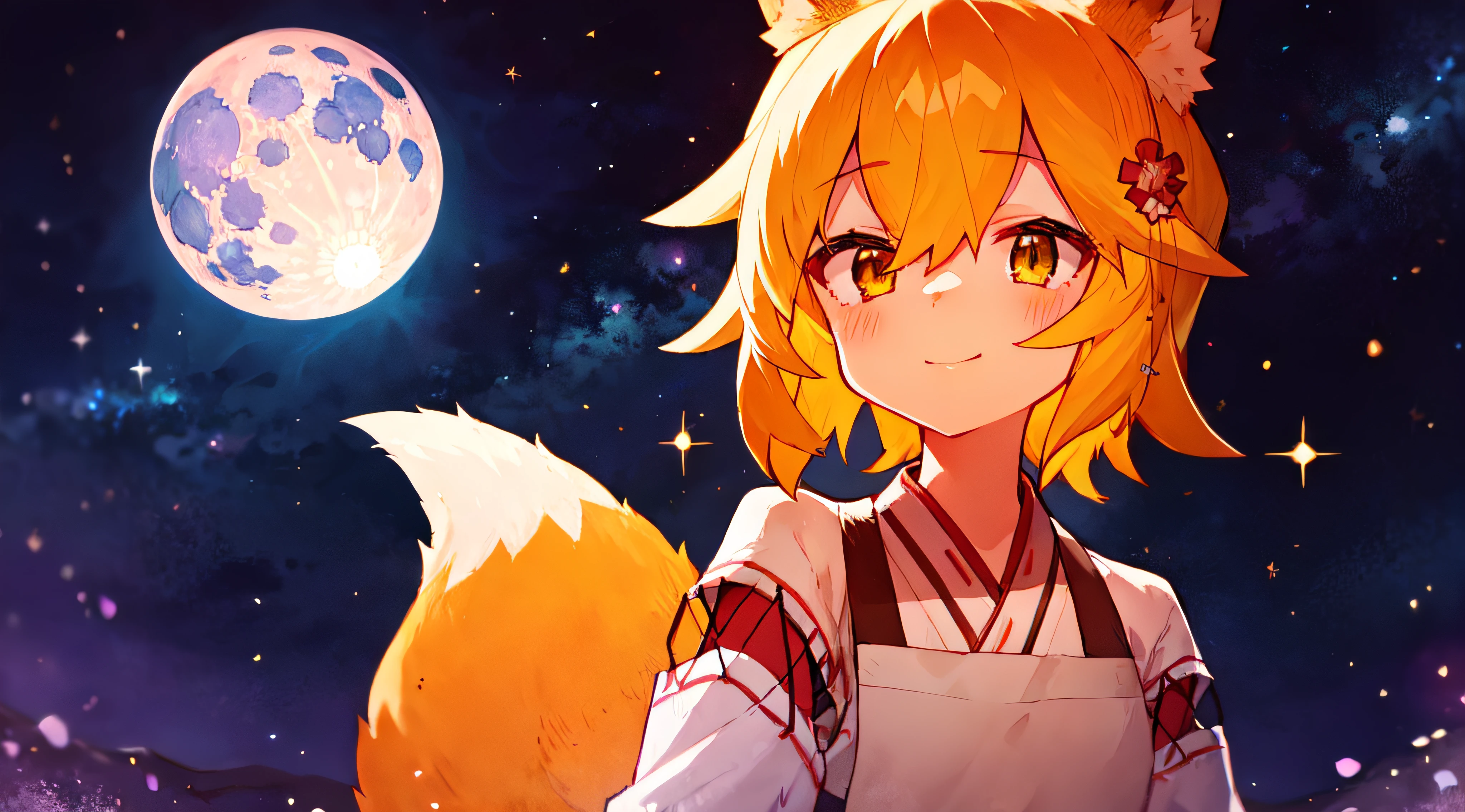 Ultra-detailed starry night scene, extremely focused image, (detailed light: 1.05), a fox girl with orange hair, small stature, solo, kimono, miko, fox ears and tail, floral hair ornament, gazing up with wonder in her crisp, luminous emerald eyes, enchanted smile on her flawless face, dazzlingly clear night sky filled with two sharp, detailed moons, brilliantly vivid constellations swirl overhead, notes of rich purple, blue and green fill the crisp sky, representing her sense of awe and hope, elegant beauty, masterful depth, textures and details