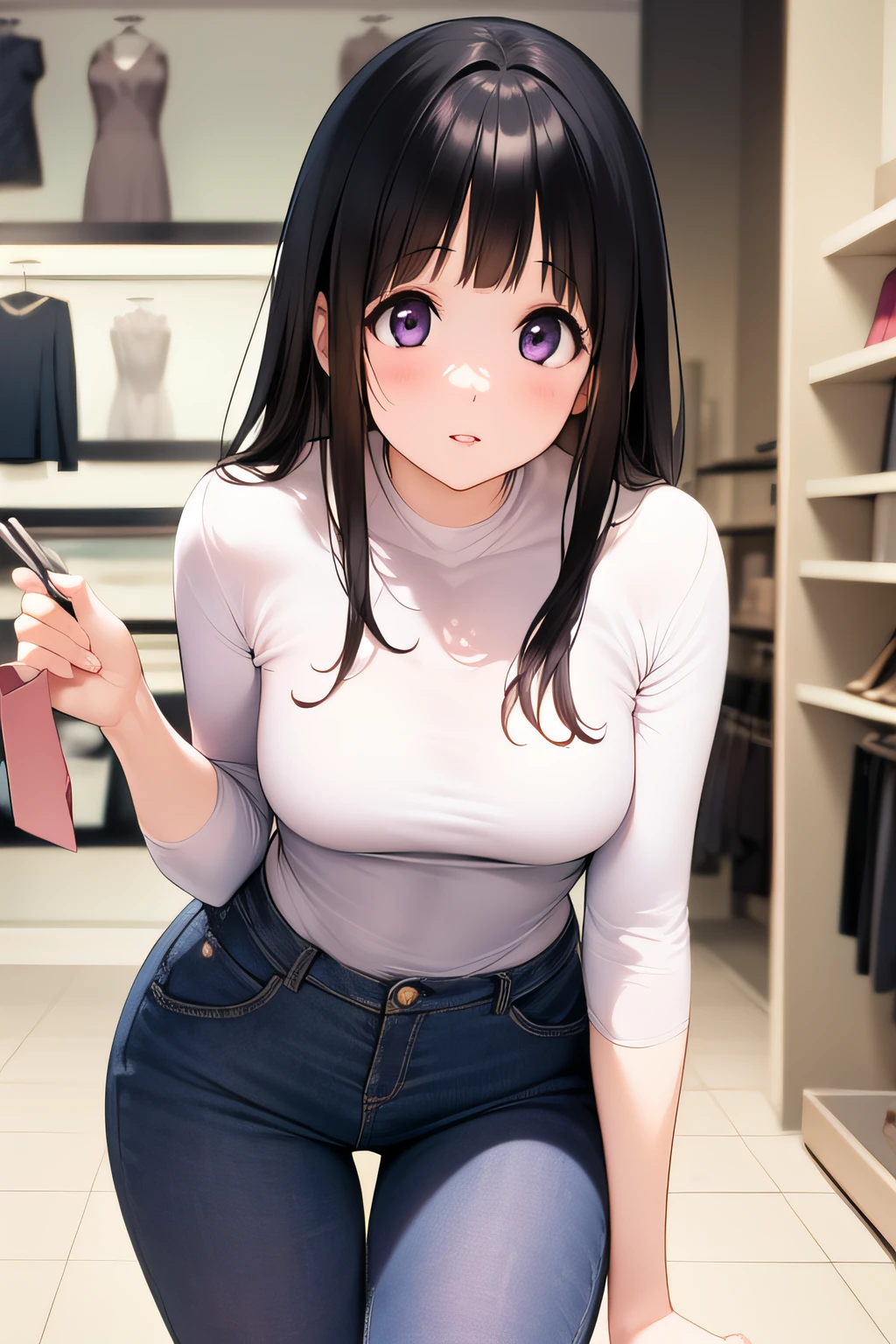 (A superb exquisite Chitanda Eru), (full body), purple eyes, black hair, natural straight hair, straight bangs, solo, ((in a clothes shop)), (doing shopping), extremely delicate, straight facial features, peerless beautiful girl, soft, (sensual face), dreamy quality, exaggerated facial features, solid color, frank holly, delicate face, bright lips, slender waist, soft curves, real light and shadow, super fine, 4k, natural moving, Ultra high resolution, (masterpiece:1.2, best quality), (finely detailed beautiful eyes: 1.2), (beautiful detailed face)