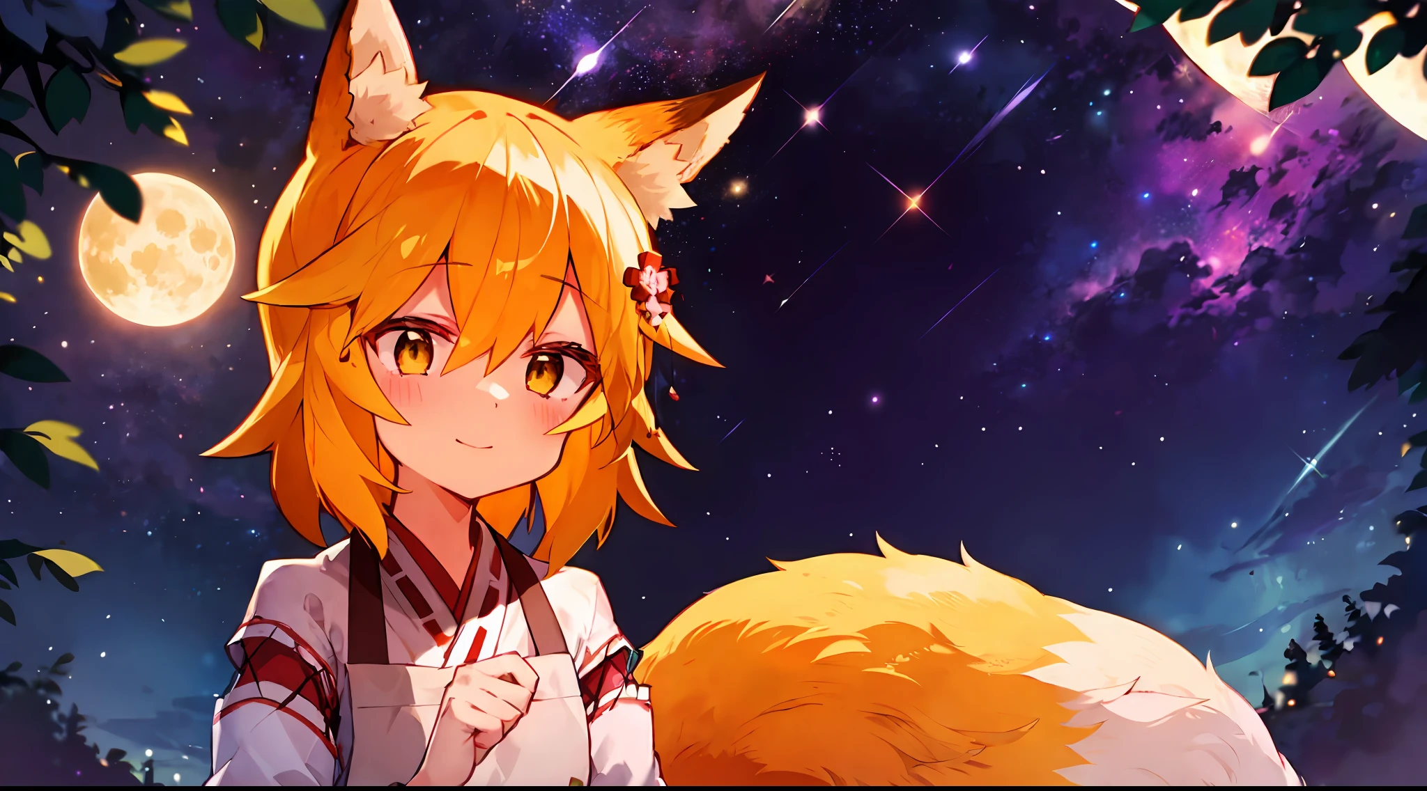 Ultra-detailed starry night scene, extremely focused image, (detailed light: 1.05), a fox girl with orange hair, small stature, solo, kimono, miko, fox ears and tail, floral hair ornament, gazing up with wonder in her crisp, luminous emerald eyes, enchanted smile on her flawless face, dazzlingly clear night sky filled with two sharp, detailed moons, brilliantly vivid constellations swirl overhead, notes of rich purple, blue and green fill the crisp sky, representing her sense of awe and hope, elegant beauty, masterful depth, textures and details