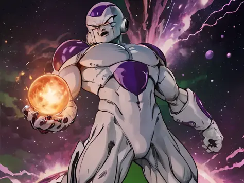 (masterpiece, top quality, best quality, official art), (1boy), extreme detailed, highest detailed, extremely complex, cosmos, space background, looking at viewer, from below, close up, realistic:1.2, frieza, clenched hands, red eyes, male focus, tail, ene...