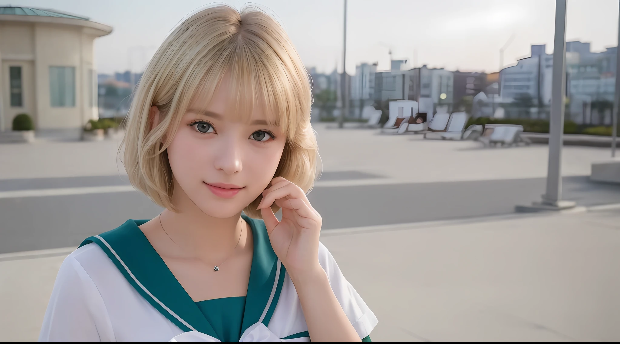 best quality, masterpiece, beautiful face with tiny lips, (photo photo-realistic:1.3), edge lighting, (high detail skin:1.2), 8k ultra hd, DSLR, high quality, high resolution, 72k, bokeh, absurd, best ratio four fingers and one thumb, sailor school uniform,((1girl), (emerald eyes, realistic eyes), (short hair, blonde hair, front bangs), (cute face,beautiful face, simetric face), (small body, short, big chest,g cup)) ,  ((park), (cute pose, full body picture))