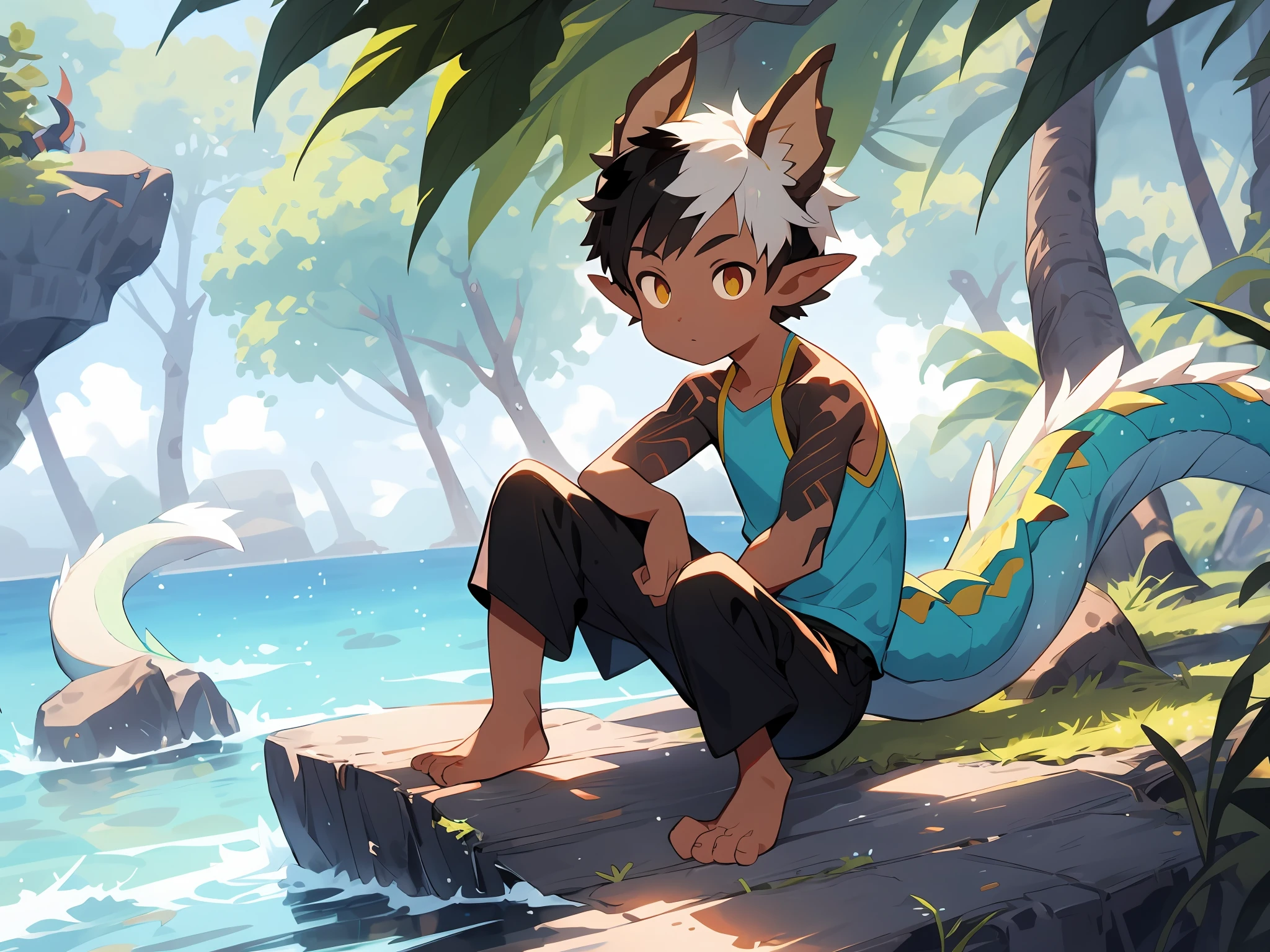 Anime - imagen estilizada de alguien sentado en una roca junto al mar, arte conceptual de Shitao, Pisivo, arte peludo，tendencia en artstation pixiv, Obra de arte estilo Guviz, lalafel, Guviz, guweiz en artstation pixiv, dragón antro macho joven，escamas blancas，pelo blanco，Fotos de primer plano，（pechos grandes ligeramente gordos），bronceado，El personaje está a la derecha.，(((solo，solo person，1 chicos)))