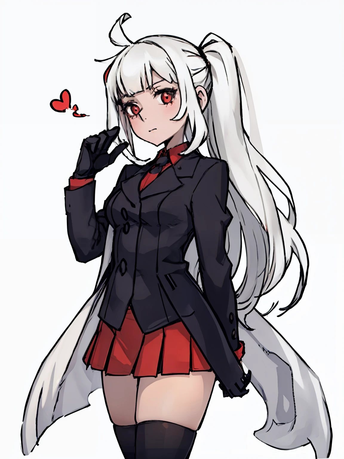 A girl，white color hair，((blacksuit), (Red lining),(short  skirt)), Half-body standing, White background