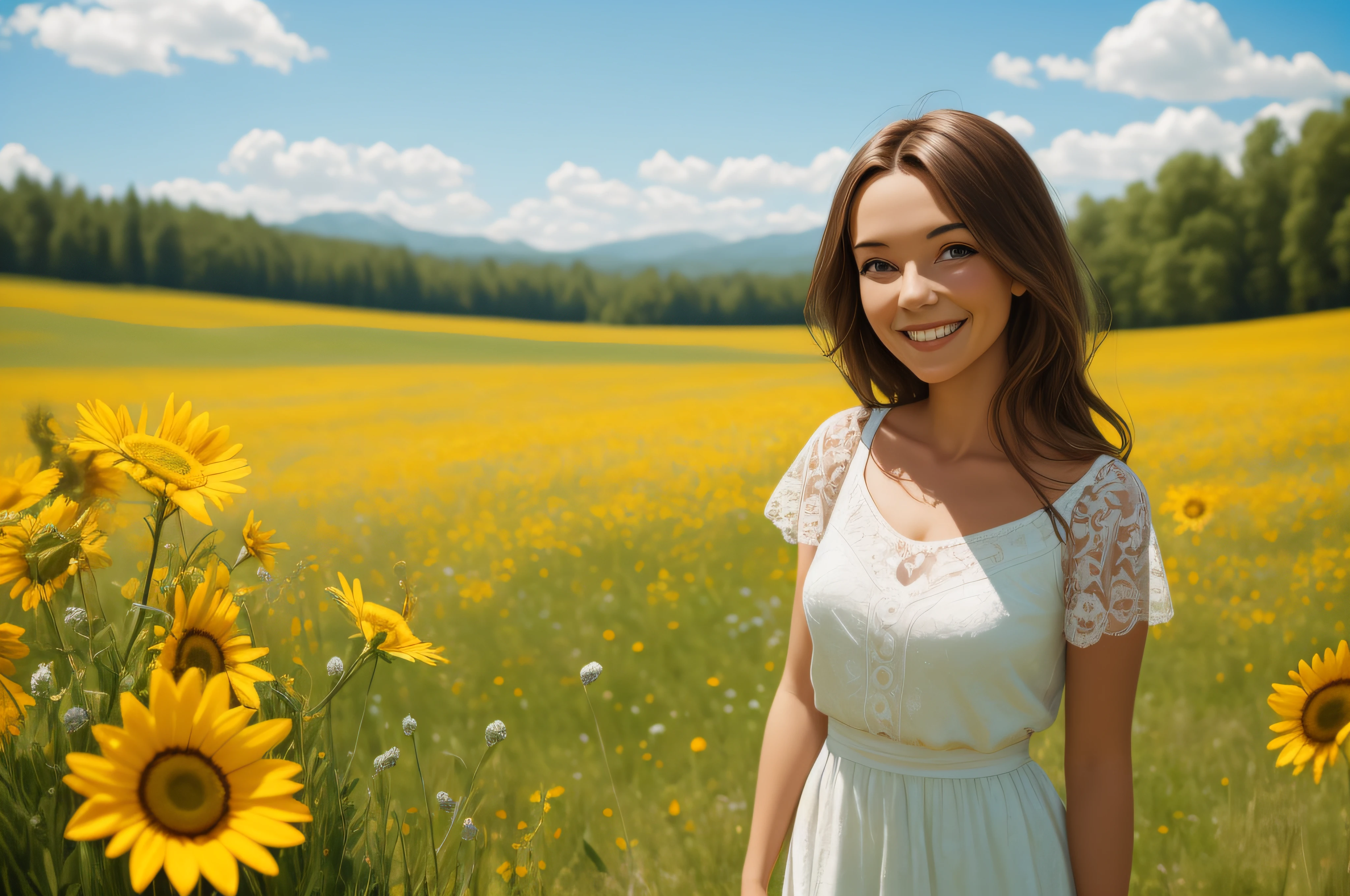 여름 초원에 서 있는 웃는 여인의 초상화, 밝고 행복한 색상, 컬러푸
