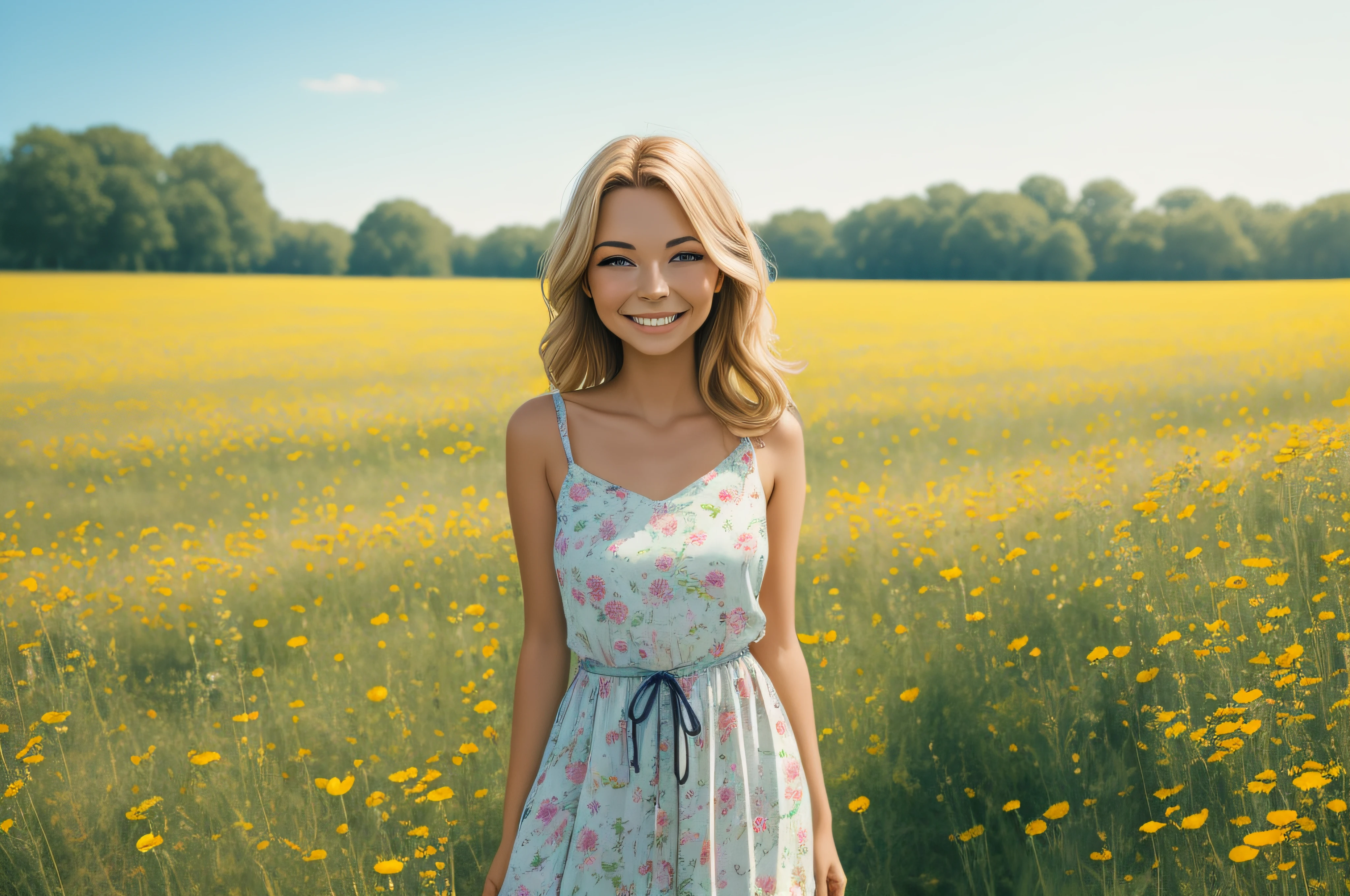 여름 초원에 서 있는 웃는 여인의 초상화, 밝고 행복한 색상, 컬러푸