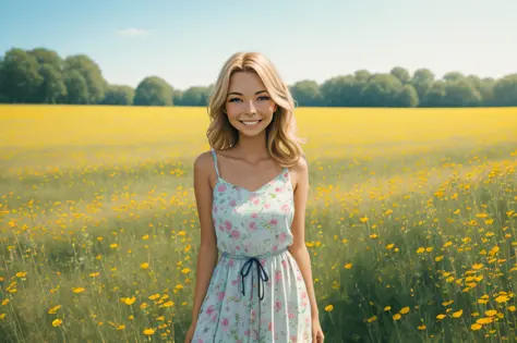 portrait of a smiling woman standing in a summer meadow, bright happy colors, colorfu