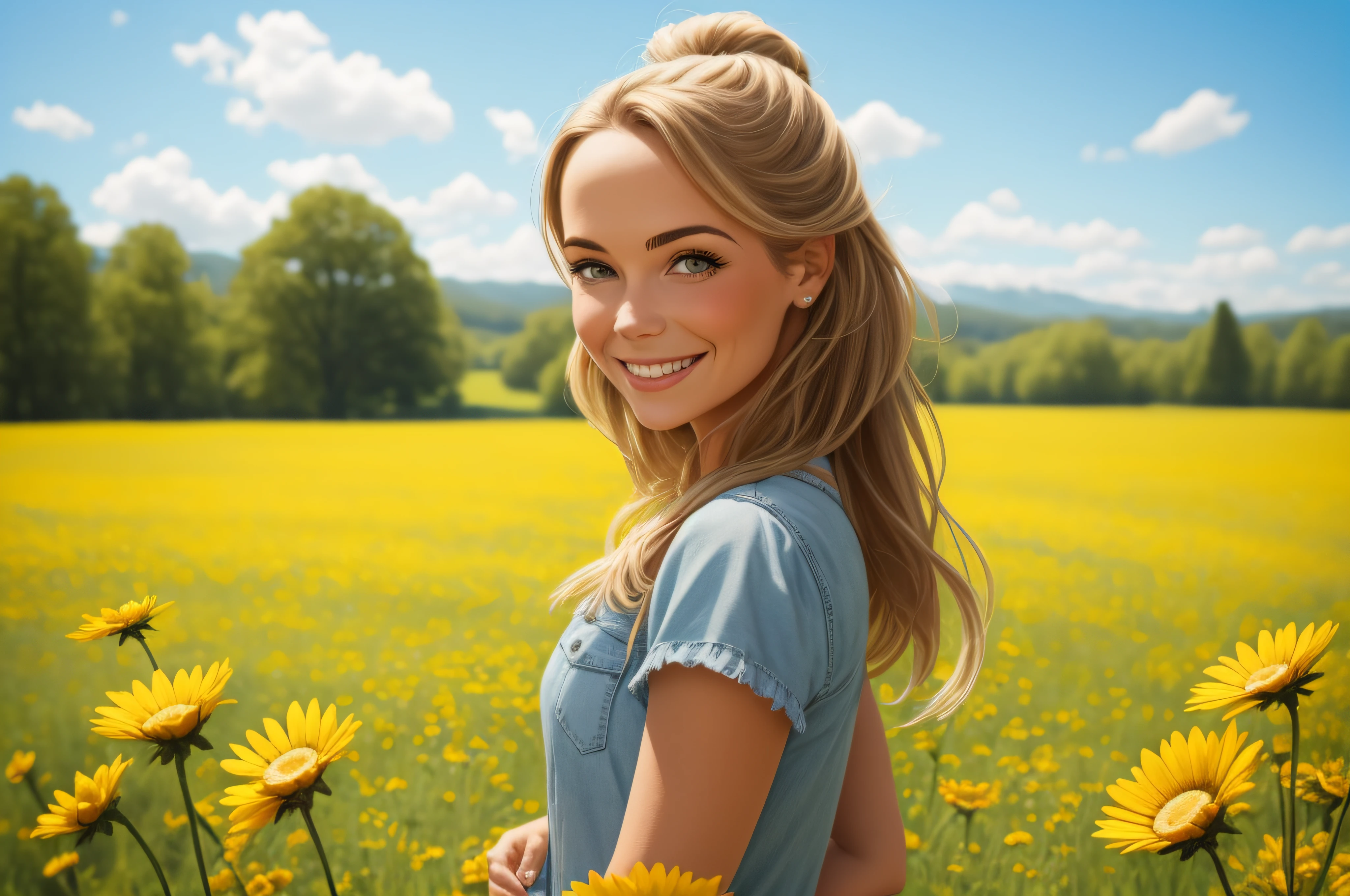 ภาพผู้หญิงยิ้มยืนอยู่ในทุ่งหญ้าฤดูร้อน, สีสันสดใสแห่งความสุข, สีสัน
