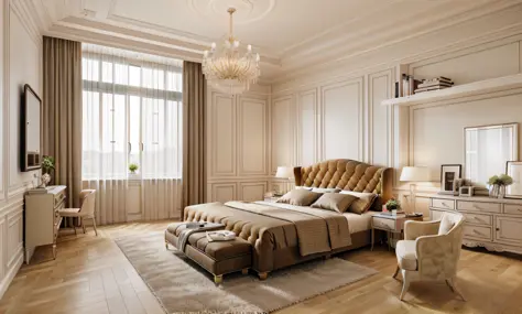 ((indoor neo classical bedroom scene.)), morden bedroom (about bedroom:1.3), (realistic), (masterpiece), super-detailed, ultra-r...