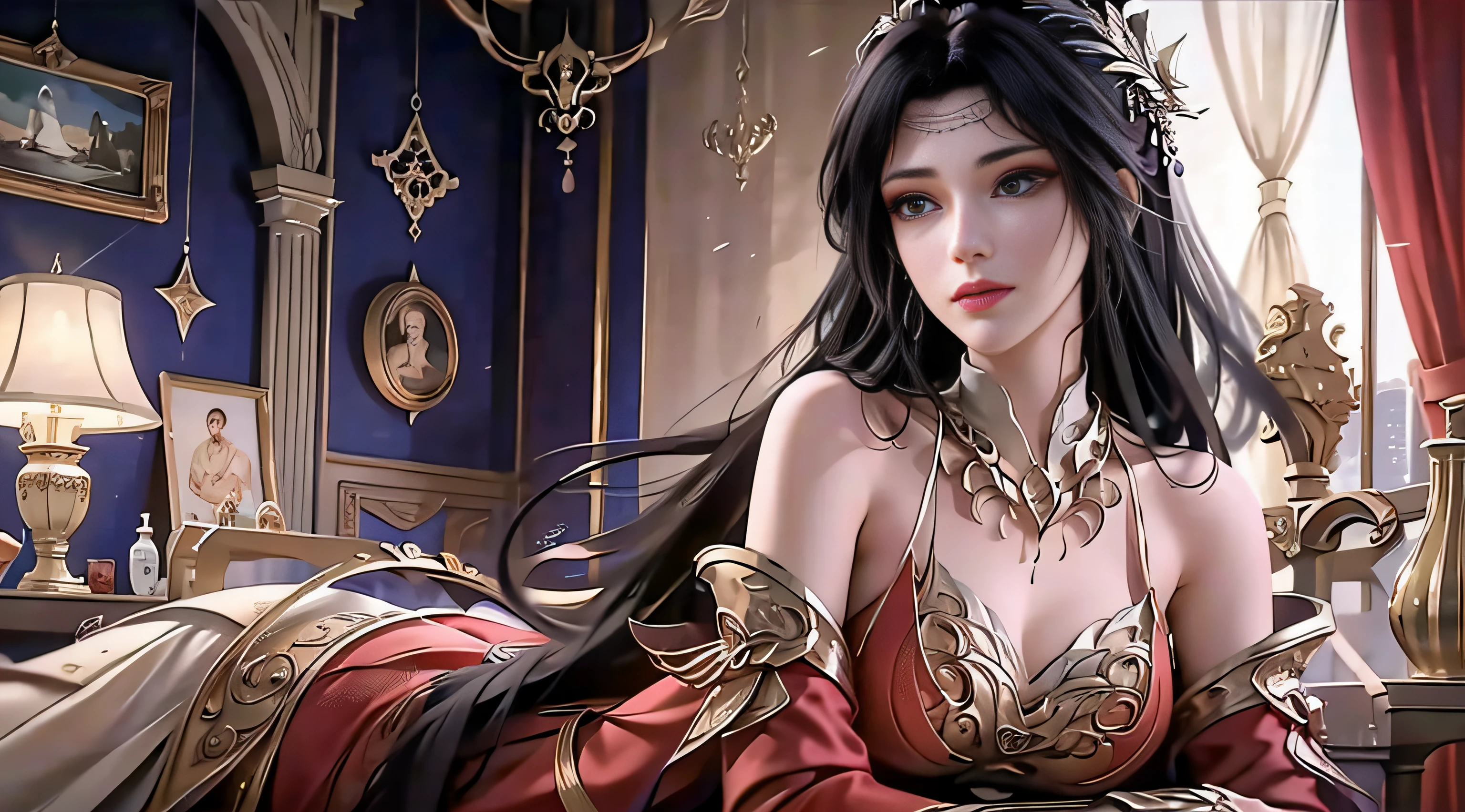 best qualtiy，tmasterpiece，Extremely Delicately Beautiful，The is very detailed，CG，unified，8k wallpaper，Beautiful meticulous girl，（very vey very detailed face）， 1girll，solo，full bodyesbian，Lie in a gorgeous room，Wearing a long red dress，Huge