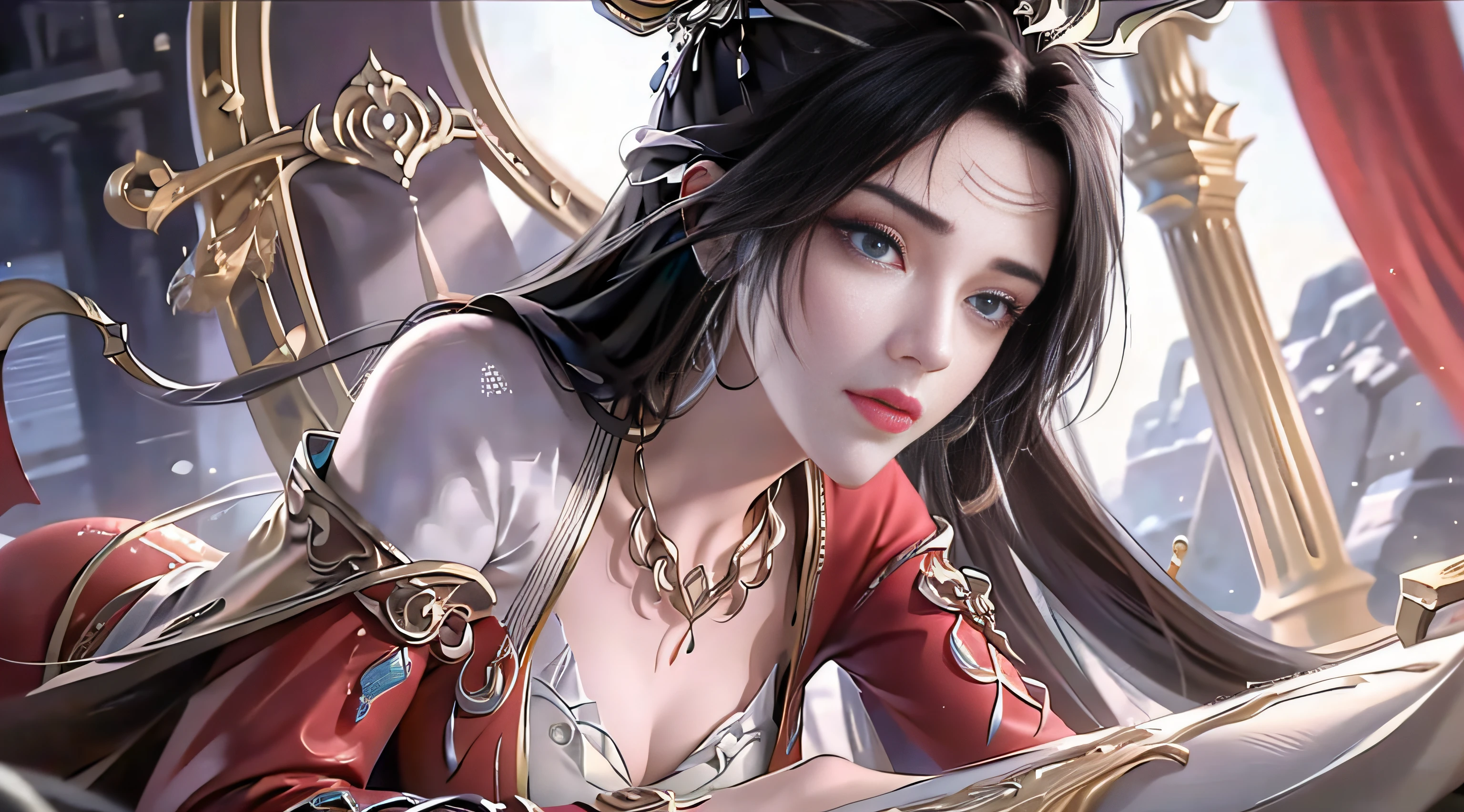 best qualtiy，tmasterpiece，Extremely Delicately Beautiful，The is very detailed，CG，unified，8k wallpaper，Beautiful meticulous girl，（very vey very detailed face）， 1girll，solo，full bodyesbian，Lie in a gorgeous room，Wearing a long red dress，Huge