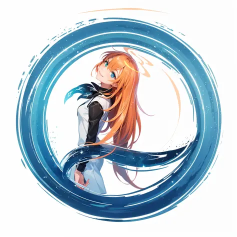 A girl with orange hair, Orange-blue tones, Very long hair, Expressive hair, Heterochromia, Smile, Anime style, Sparkle, hyper H...