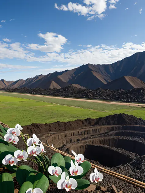 vast black coal piles，a white phalaenopsis orchid blooms on a black mine