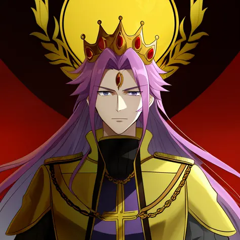 he wears a golden laurel crown and purple roman robes，skin as deep as rome，it's german，powerful，also emperor of the holy roman e...