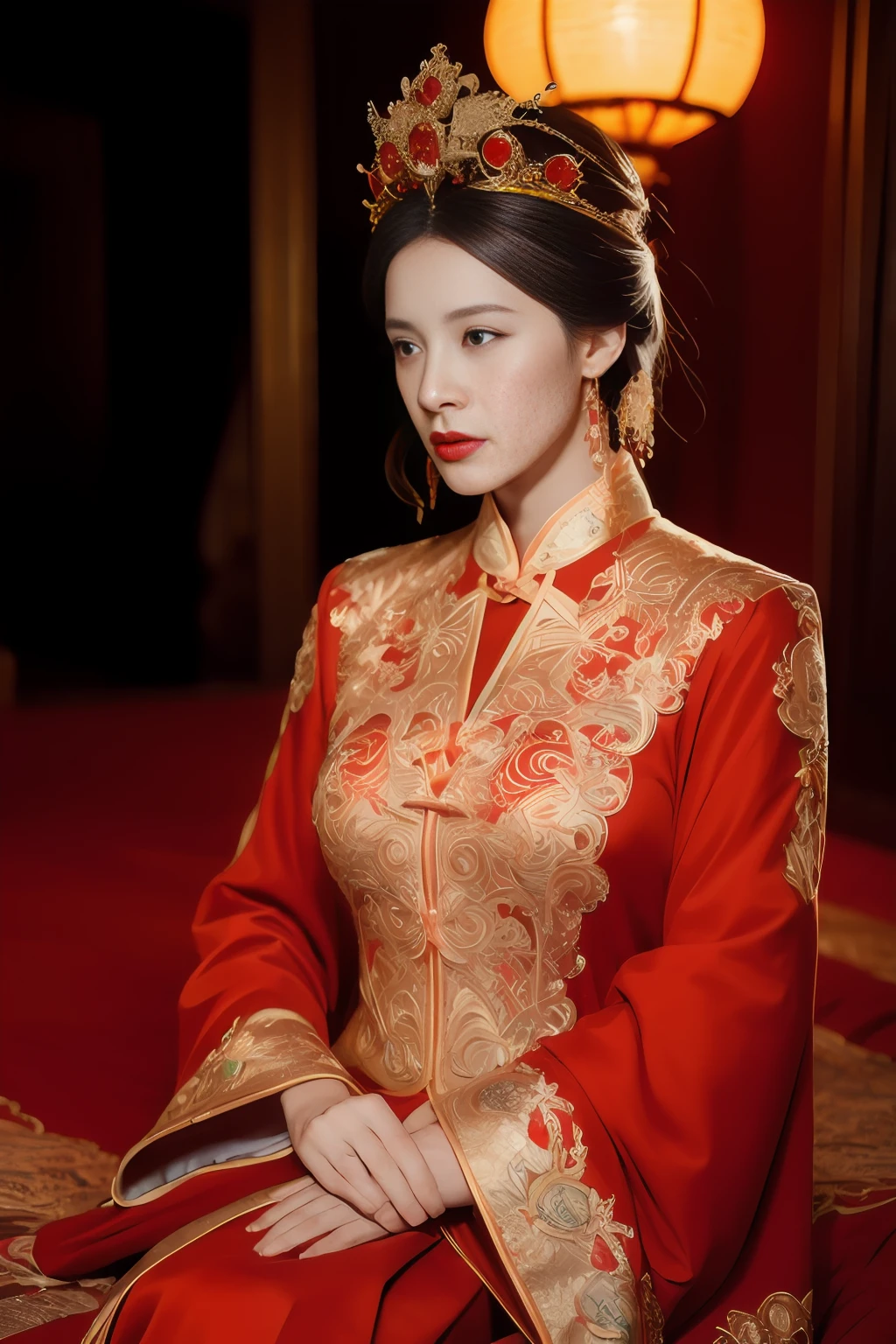 (ultra realistic 8k cg:1.2),Perfect artwork,Delicate pattern,intricately details, (Unbeatable masterpiece,Best quality:1.2),(extremly intricate:1.2),A woman in a red and gold dress, Phoenix crown,hair stick,(sitting on red bed),cosmetics,Blush,Shy,black_Hair, Looking down, cosmetics,(forehead dot),(2 red candles), Chinese_clothes, Curtains, Earrings, Hair_decorations, Hanfu, Indoors, jewelry, Red nails, Long_Sleeves, Red dress, Red lips, nipple tassels, (Red quilt),(red palace:1.2),(Ancient Chinese architecture),(Red:1.8),Night,cinmatic lighting,Dark,