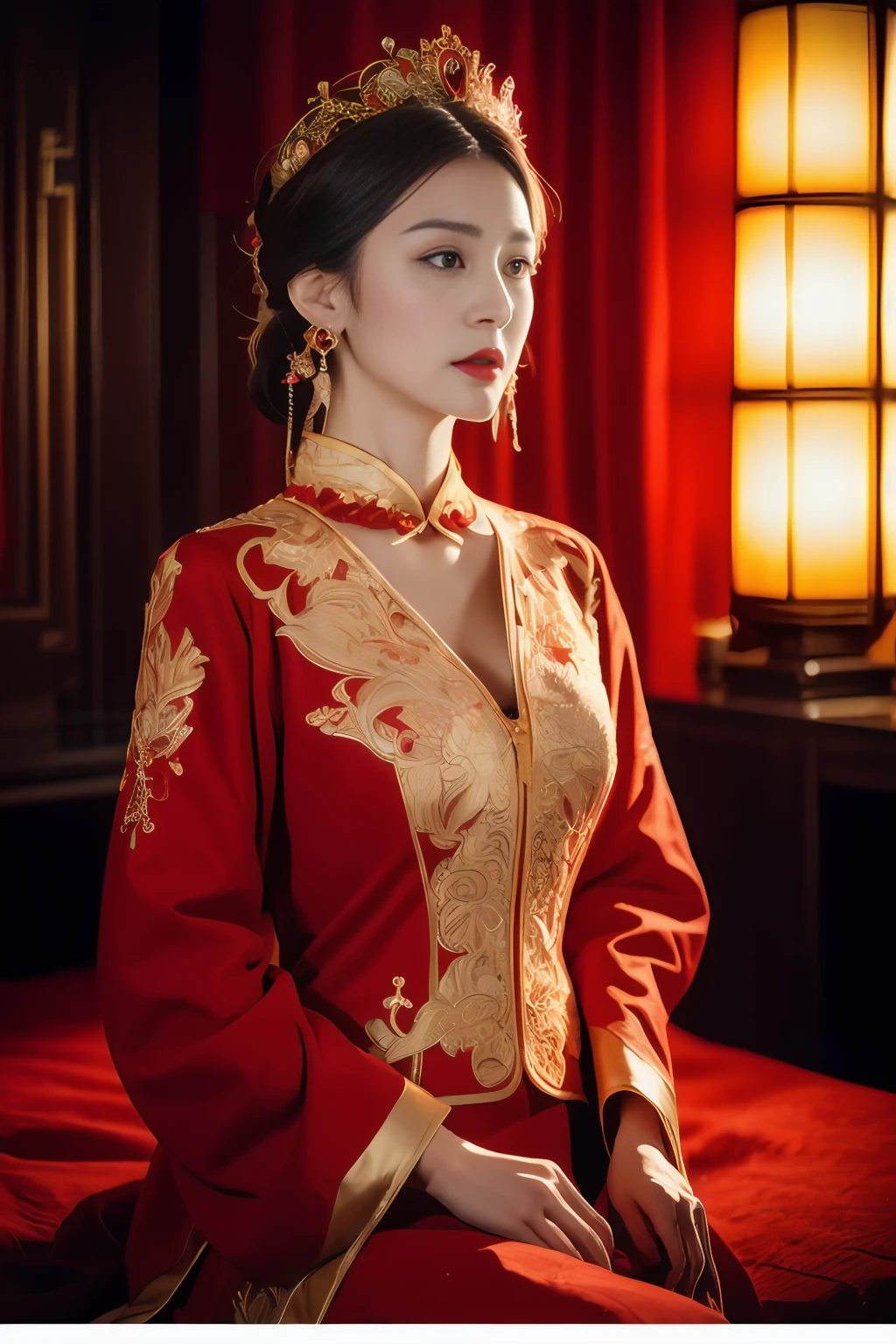 (ultra realistic 8k cg:1.2),Perfect artwork,Delicate pattern,intricately details, (Unbeatable masterpiece,Best quality:1.2),(extremly intricate:1.2),A woman in a red and gold dress, Phoenix crown,hair stick,(sitting on red bed),cosmetics,Blush,Shy,black_Hair, Looking down, cosmetics,(forehead dot),(2 red candles), Chinese_clothes, Curtains, Earrings, Hair_decorations, Hanfu, Indoors, jewelry, Red nails, Long_Sleeves, Red dress, Red lips, nipple tassels, (Red quilt),(red palace:1.2),(Ancient Chinese architecture),(Red:1.8),Night,cinmatic lighting,Dark,