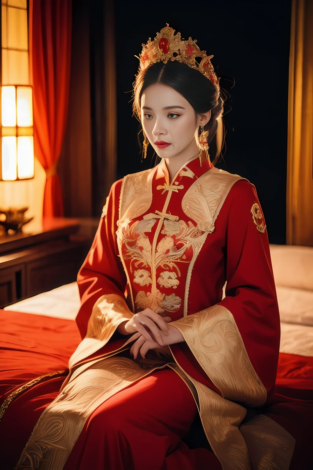 (ultra realistic 8k cg:1.2),Perfect artwork,Delicate pattern,intricately details, (Unbeatable masterpiece,Best quality:1.2),(extremly intricate:1.2),A woman in a red and gold dress, Phoenix crown,hair stick,(sitting on red bed),cosmetics,Blush,Shy,black_Hair, Looking down, cosmetics,(forehead dot),(2 red candles), Chinese_clothes, Curtains, Earrings, Hair_decorations, Hanfu, Indoors, jewelry, Red nails, Long_Sleeves, Red dress, Red lips, nipple tassels, (Red quilt),(red palace:1.2),(Ancient Chinese architecture),(Red:1.8),Night,cinmatic lighting,Dark,