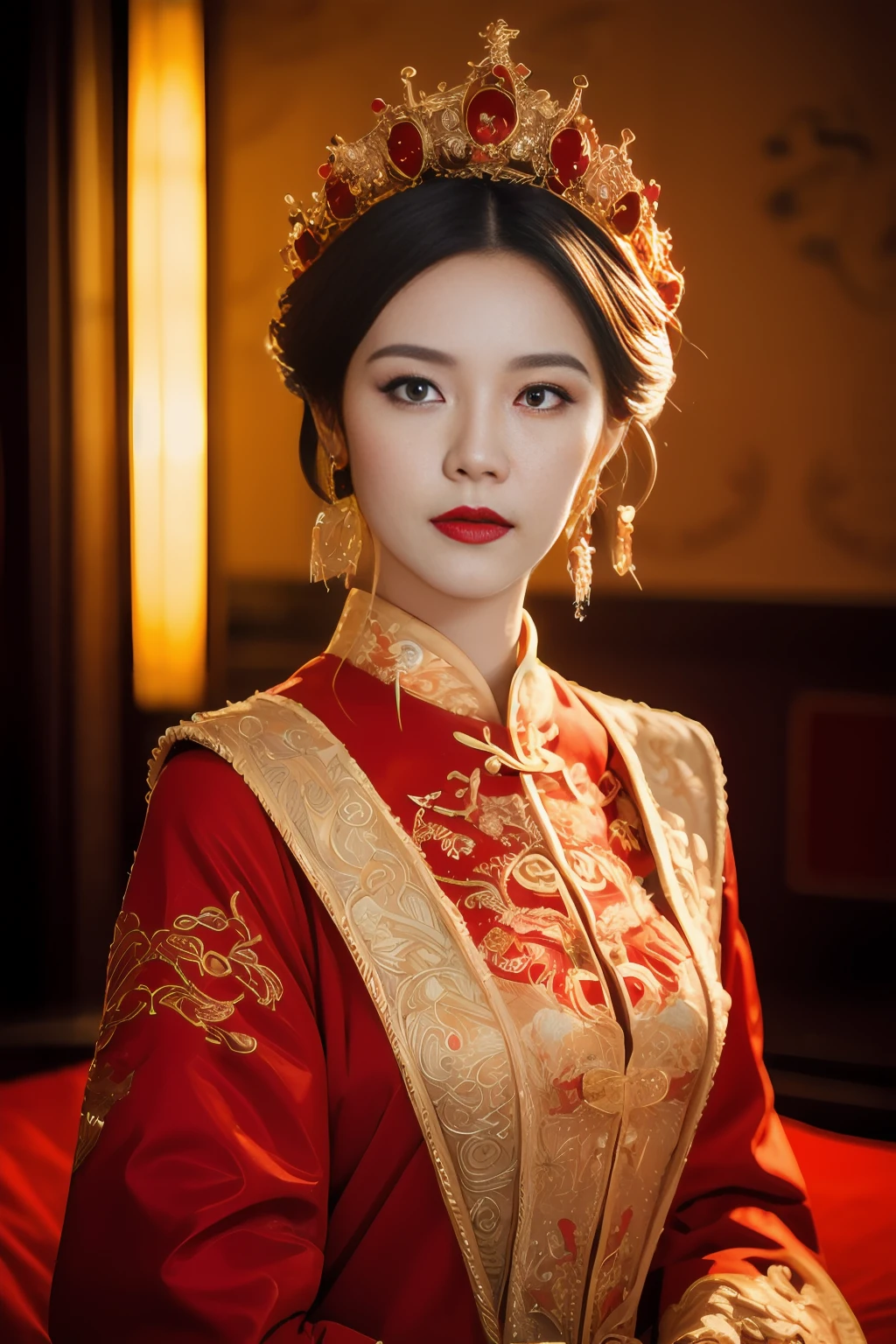 (ultra realistic 8k cg:1.2),Perfect artwork,Delicate pattern,intricately details, (Unbeatable masterpiece,Best quality:1.2),(extremly intricate:1.2),A woman in a red and gold dress, Phoenix crown,hair stick,(sitting on red bed),cosmetics,Blush,Shy,black_Hair, Looking down, cosmetics,(forehead dot),(2 red candles), Chinese_clothes, Curtains, Earrings, Hair_decorations, Hanfu, Indoors, jewelry, Red nails, Long_Sleeves, Red dress, Red lips, nipple tassels, (Red quilt),(red palace:1.2),(Ancient Chinese architecture),(Red:1.8),Night,cinmatic lighting,Dark,