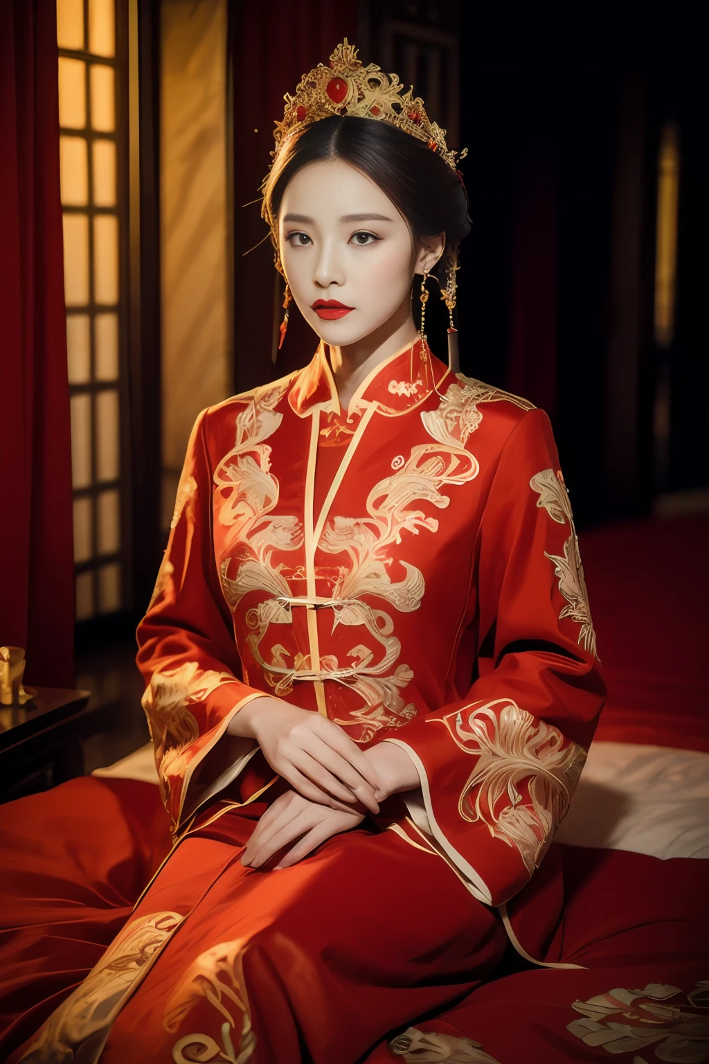 (ultra realistic 8k cg:1.2),Perfect artwork,Delicate pattern,intricately details, (Unbeatable masterpiece,Best quality:1.2),(extremly intricate:1.2),A woman in a red and gold dress, Phoenix crown,hair stick,(sitting on red bed),cosmetics,Blush,Shy,black_Hair, Looking down, cosmetics,(forehead dot),(2 red candles), Chinese_clothes, Curtains, Earrings, Hair_decorations, Hanfu, Indoors, jewelry, Red nails, Long_Sleeves, Red dress, Red lips, nipple tassels, (Red quilt),(red palace:1.2),(Ancient Chinese architecture),(Red:1.8),Night,cinmatic lighting,Dark,