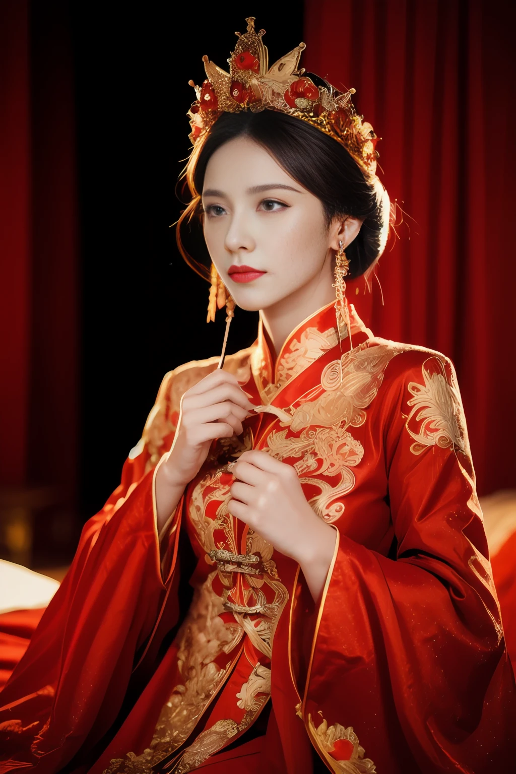 (ultra realistic 8k cg:1.2),Perfect artwork,Delicate pattern,intricately details, (Unbeatable masterpiece,Best quality:1.2),(extremly intricate:1.2),A woman in a red and gold dress, Phoenix crown,hair stick,(sitting on red bed),cosmetics,Blush,Shy,black_Hair, Looking down, cosmetics,(forehead dot),(2 red candles), Chinese_clothes, Curtains, Earrings, Hair_decorations, Hanfu, Indoors, jewelry, Red nails, Long_Sleeves, Red dress, Red lips, nipple tassels, (Red quilt),(red palace:1.2),(Ancient Chinese architecture),(Red:1.8),Night,cinmatic lighting,Dark,