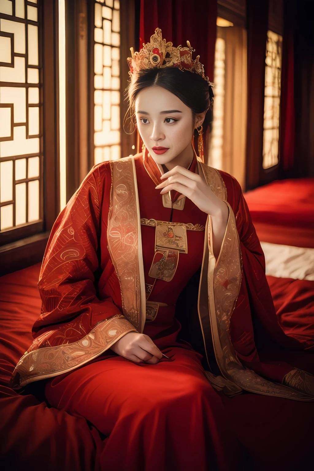 (ultra realistic 8k cg:1.2),Perfect artwork,Delicate pattern,intricately details, (Unbeatable masterpiece,Best quality:1.2),(extremly intricate:1.2),A woman in a red and gold dress, Phoenix crown,hair stick,(sitting on red bed),cosmetics,Blush,Shy,black_Hair, Looking down, cosmetics,(forehead dot),(2 red candles), Chinese_clothes, Curtains, Earrings, Hair_decorations, Hanfu, Indoors, jewelry, Red nails, Long_Sleeves, Red dress, Red lips, nipple tassels, (Red quilt),(red palace:1.2),(Ancient Chinese architecture),(Red:1.8),Night,cinmatic lighting,Dark,