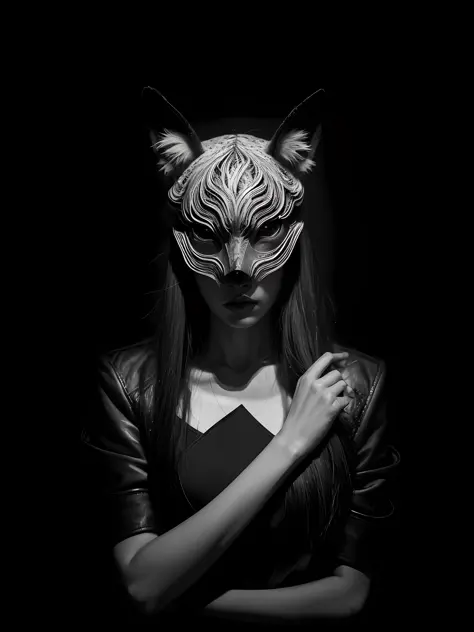 1girl, solo, official art, unity 8k wallpaper, ultra detailed, beautiful and aesthetic, masterpiece, best quality, photorealistic, (abstract background:1.5) (zentangle, mandala, tangle, entangle:0.7) Kitsune witch, fox mask, haori jacket, foxfire spell, fo...
