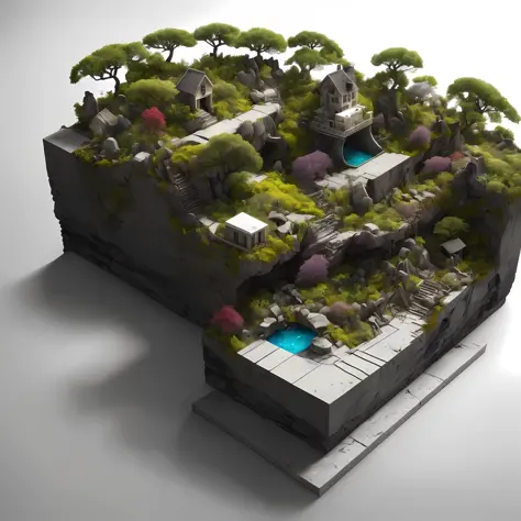 microworld render style，contains tiny glass cubes，inside the cube are（scenecy，mont，eau，the tree），volumetr，clouds，with dynamism，e...