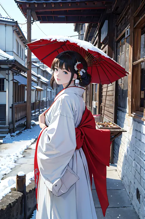(Master masterpiece:1.3), Realistic epic、Cinematic lighting、absurderes, 超A high resolution, Highly detailed , 细致背景、Winters、snow cover、Plaster walls、gate、a street、the morning sun、Japan kimono、(stall:1.2)、1girl in、Red and white as the main colors