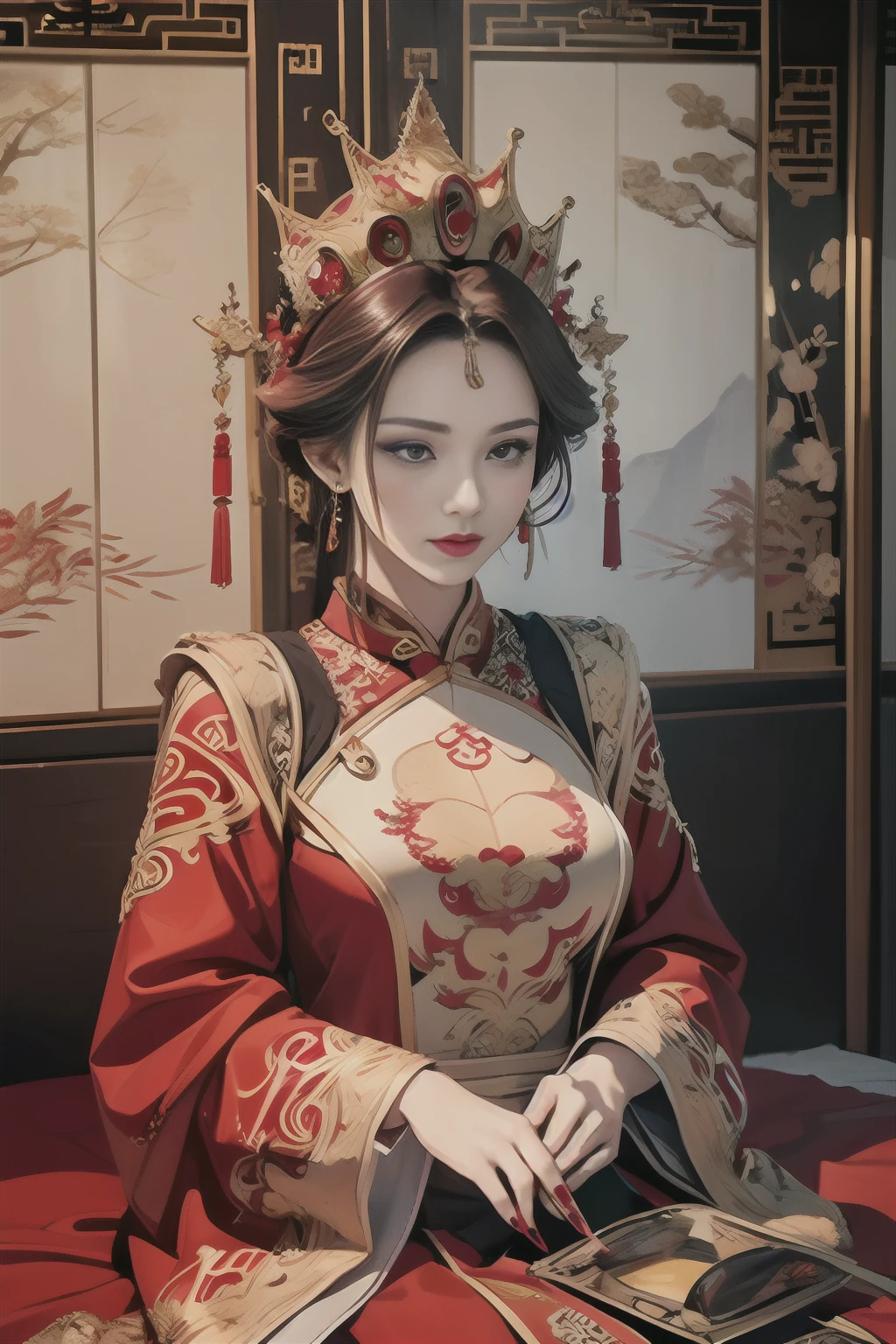 (ultra realistic 8k cg:1.2),Perfect artwork,Delicate pattern,intricately details, (Unbeatable masterpiece,Best quality:1.2),(extremly intricate:1.2),A woman in a red and gold dress, Phoenix crown,hair stick,(sitting on red bed),cosmetics,Blush,Shy,black_Hair, Looking down, cosmetics,(forehead dot),(2 red candles), Chinese_clothes, Curtains, Earrings, Hair_decorations, Hanfu, Indoors, jewelry, Red nails, Long_Sleeves, Red dress, Red lips, nipple tassels, (Red quilt),(red palace:1.2),(Ancient Chinese architecture),(Red:1.8),Night,cinmatic lighting,Dark,