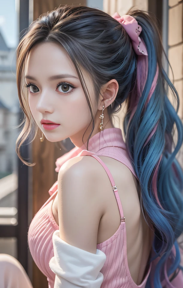 masutepiece, Best Quality,8K,highest grade, absurderes, Extremely detailed, nefertari vivi, 1 girl, Solo, Looking at Viewer, long wavy light blue hair, with two locks hanging down, one on either side of her head, which started out at about chin-length, She is most often、I wear it with my hair pulled back into a ponytail, and brown eyes, she is wearing a dancer outfit with a blue-pink top, blue-pink long skirt, and a white scarf, (Castle background),///,Details Eye Makeup、Sit up