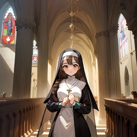 there is a woman dressed in a nun costume standing in a church, guviz-style artwork, nun outfit, artgerm and atey ghailan, offci...