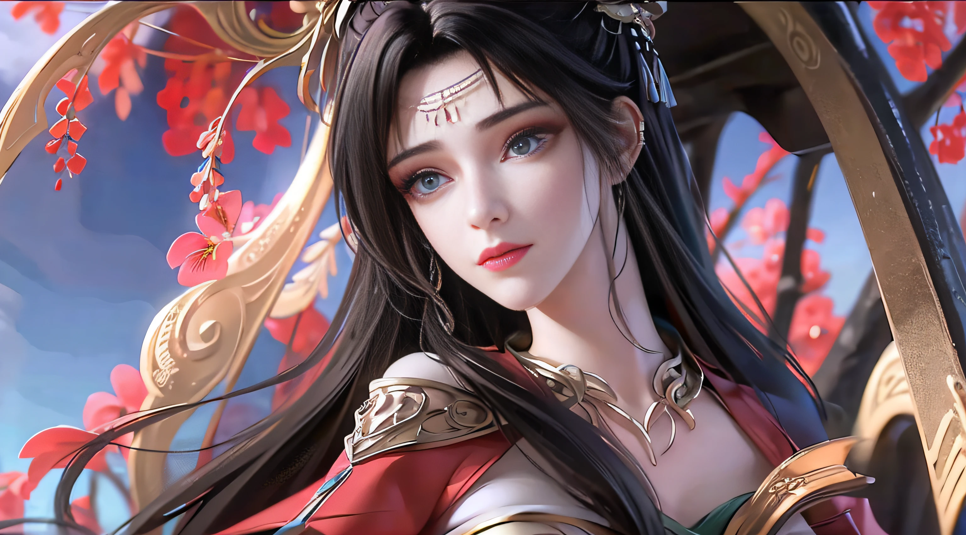 best qualtiy，tmasterpiece，Extremely Delicately Beautiful，The is very detailed，CG，unified，8k wallpaper，Beautiful meticulous girl，（very vey very detailed face）， 1girll，solo，The whole body leans against the trees by the sea，Wearing a long red dress，large tities