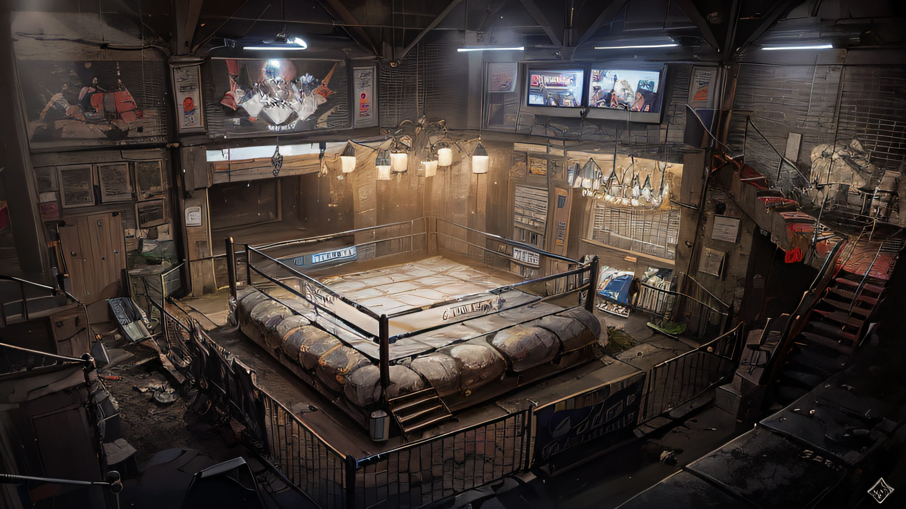Dark forest style underground boxing gym，Two floors，Octagonal cage，Boxing ring，ring，boxing venue，fistfighting，sandbag，Ultra-long viewing angle，The lighting is dim，The light is dim，fisheyelens，wide wide shot，Large viewing angle，Underground casino，boxing match，well worn，clutter，illegal，Underground organizations，Underground places，Southeast Asian Boxing Gym，Underground casino，Underground casino in Thailand，Underground Black Fist，hyper HD，32K,16k,Chinese slogan，Chinese ads，The Chinese characters