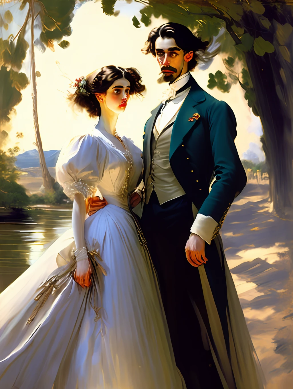 a painting of a handsome man and a insanely beautiful woman posing for a picture in front of a small french village background by John Singer Sargent, beautiful and rich, very well dressed, romantic aura, inspiring poses for couples.