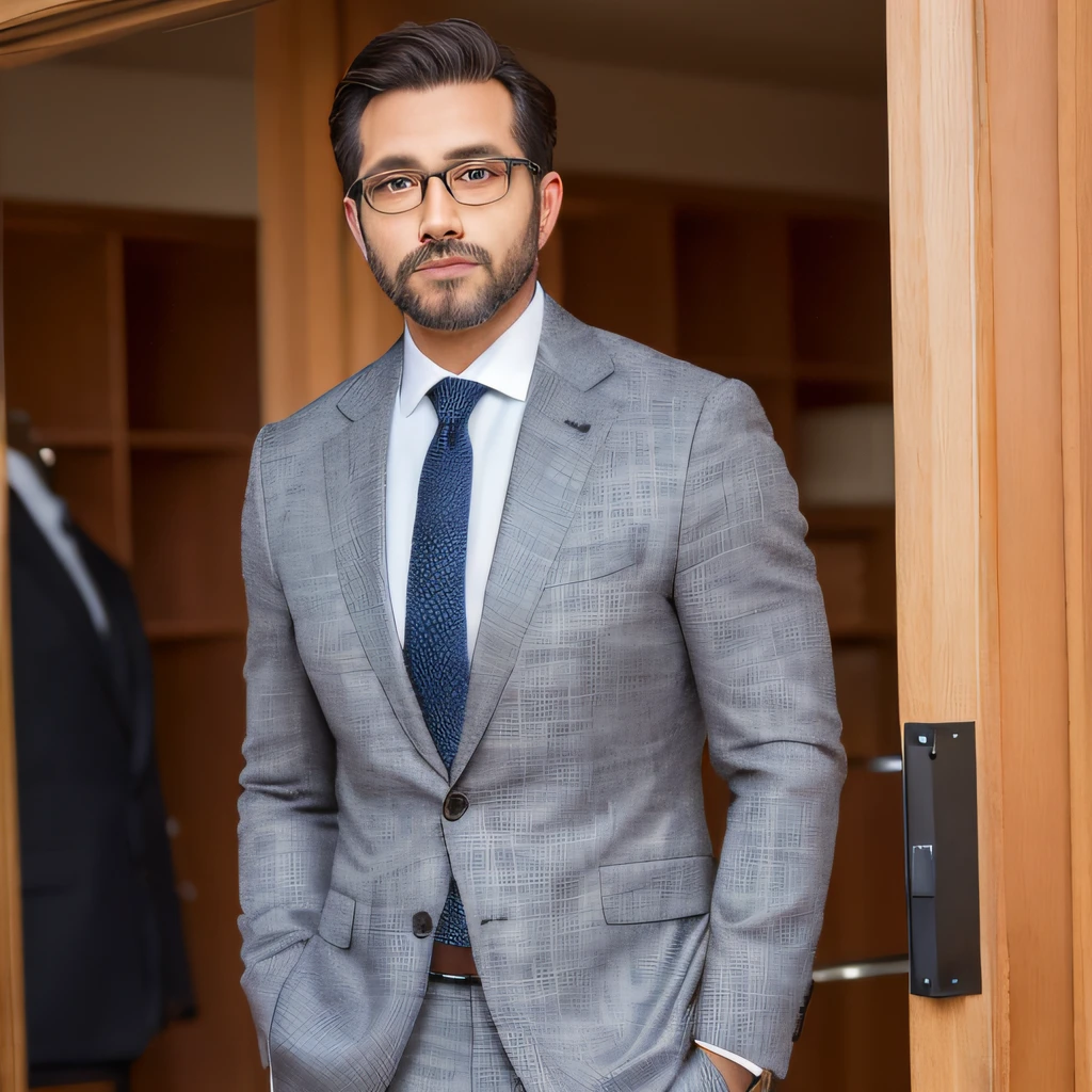 Realistic,  (masterpiece, best_quality:1.1), a man wearing glasses  standing in front of a glass door with a cross on it, zegna, Drop+7, Double vents, Notch lapels, Flap pockets, 2-button closure, Fully lined, Deconstructed, 100%+Wool, Grey, suits, young, wearing a undercloth and tie, oxford knot