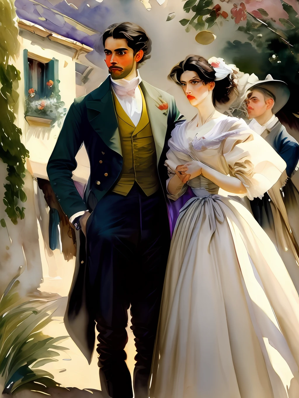 a watercolor painting of a handsome man and a insanely beautiful woman posing for a picture in front of a small french village background by John Singer Sargent, beautiful and rich, very well dressed, romantic aura, inspiring poses for couples.