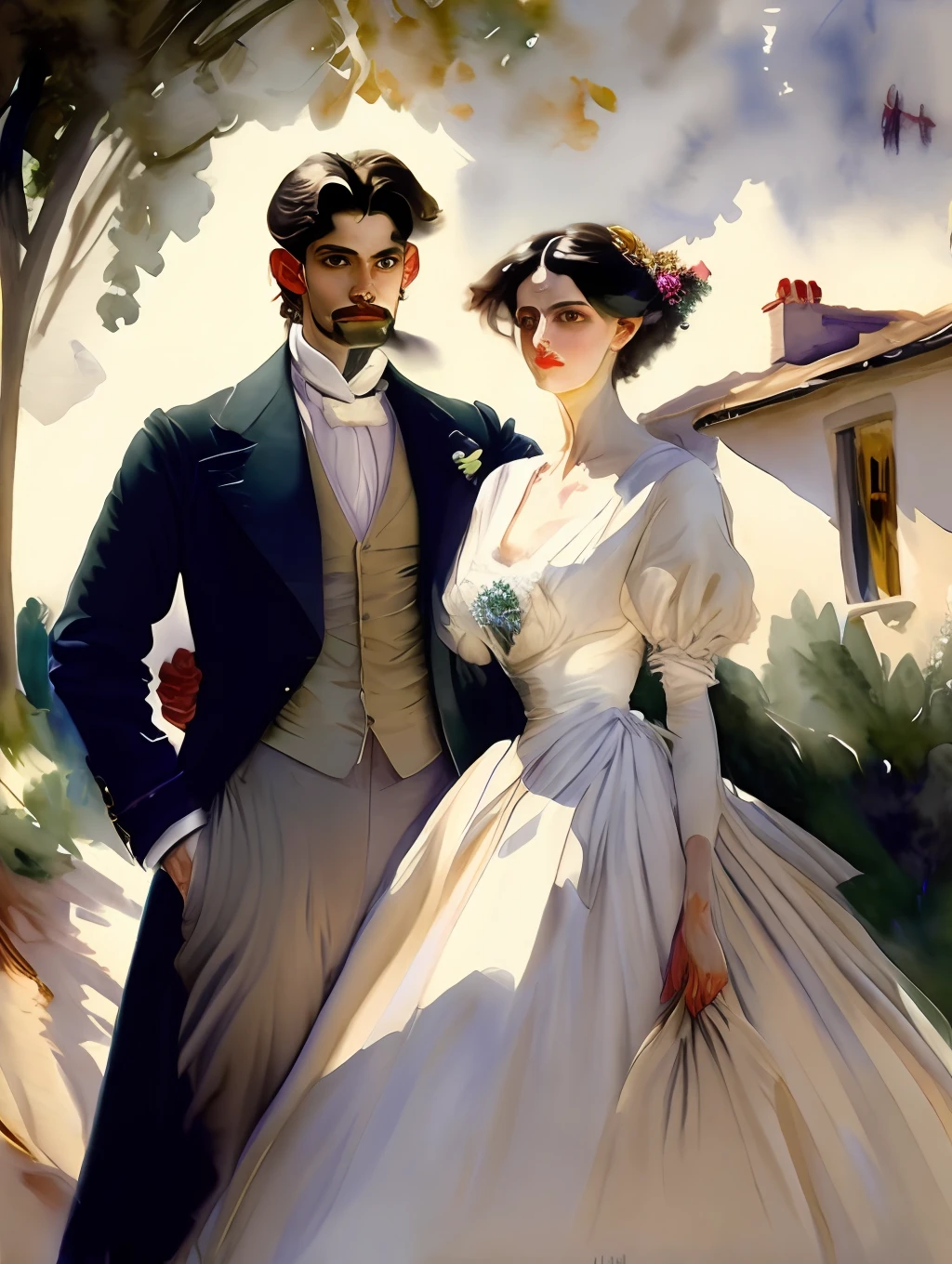 a watercolor painting of a handsome man and a insanely beautiful woman posing for a picture in front of a small french village background by John Singer Sargent, beautiful and rich, very well dressed, romantic aura, inspiring poses for couples.