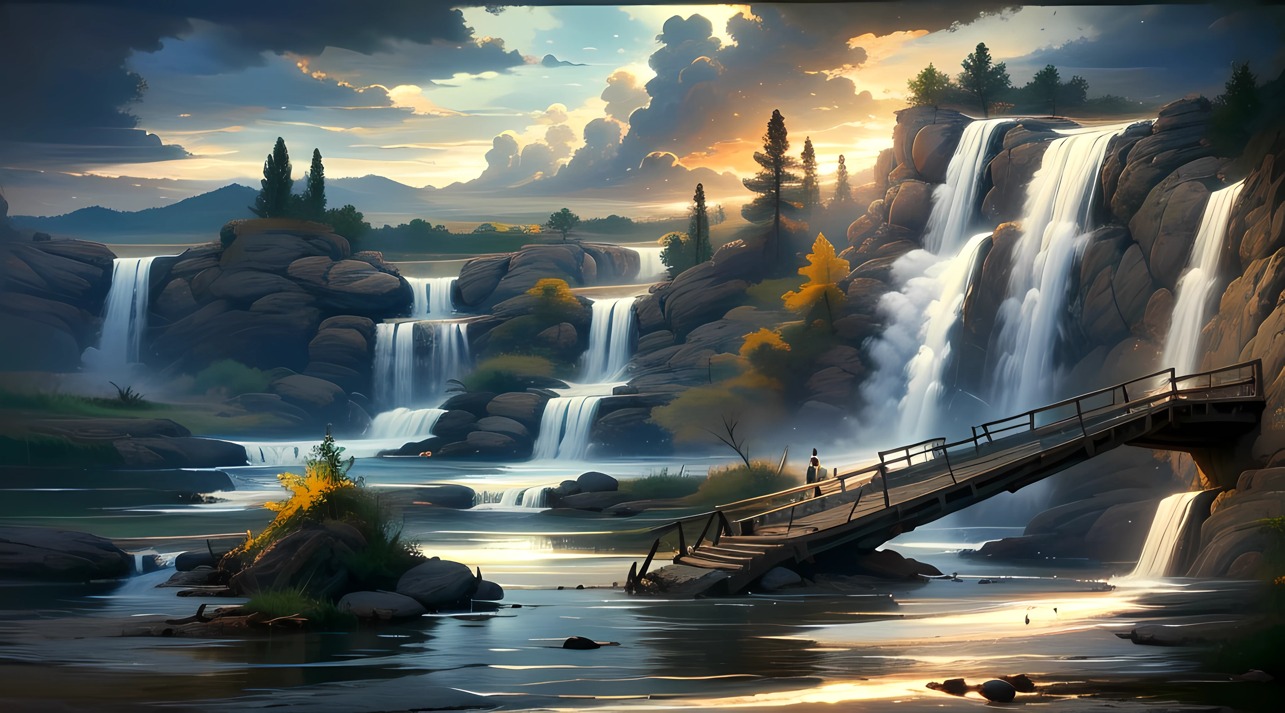 (beautiful scenery, daytime, no man, trees, waterfalls, rivers, sky, clouds, architectural gyration, Nature, dense complex, tranquil charm), Surrealism, Conceptual art, UHD, retina, masterpiece, HD, 4K, 8k, 16k, best quality, high details, high quality, highres, grand, spectacular, artistic conception