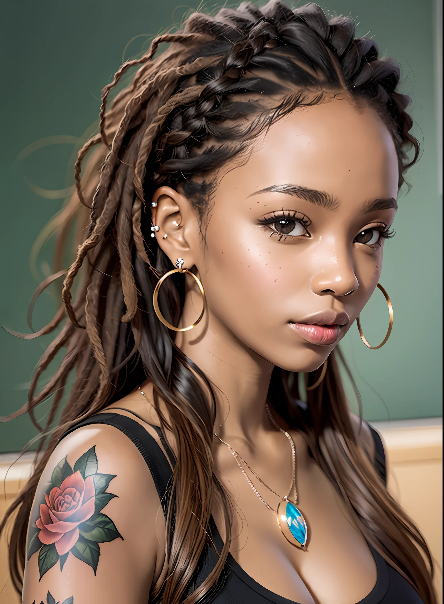 A close up of a woman with dreads and a tattoo on her arm - SeaArt AI