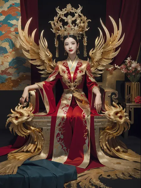 A Chinese queen sitting on a throne, a throne encrusted with precious stones, surrounded by Chinese phoenix beasts, gold and rub...