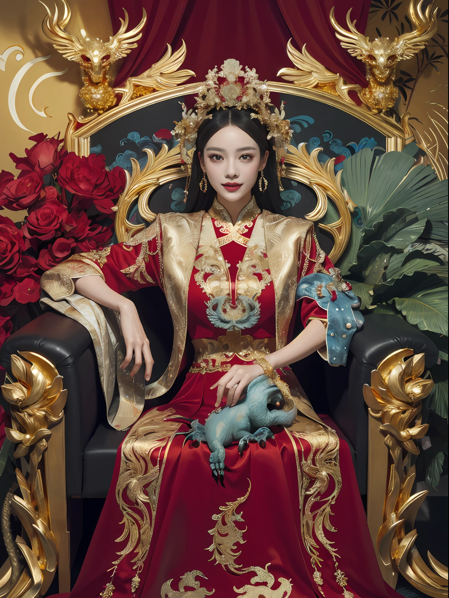 玉座に座る中国の女王, 宝石がちりばめられた玉座, 中国の鳳凰の獣に囲まれて, 金 and ruby color, ユニークなモンスターイラスト, セットへダウ, 高解像度, 絵画, 密な組成, 遊び心のある繰り返し, 貴重な石, 結晶, 金, 詳細な絵画, ユニークなモンスターイラスト, 非常に細かいディテール, 現実的, Super 高解像度, 複雑な, 超詳細, 映画照明，(Red and 金 dress:1.3)