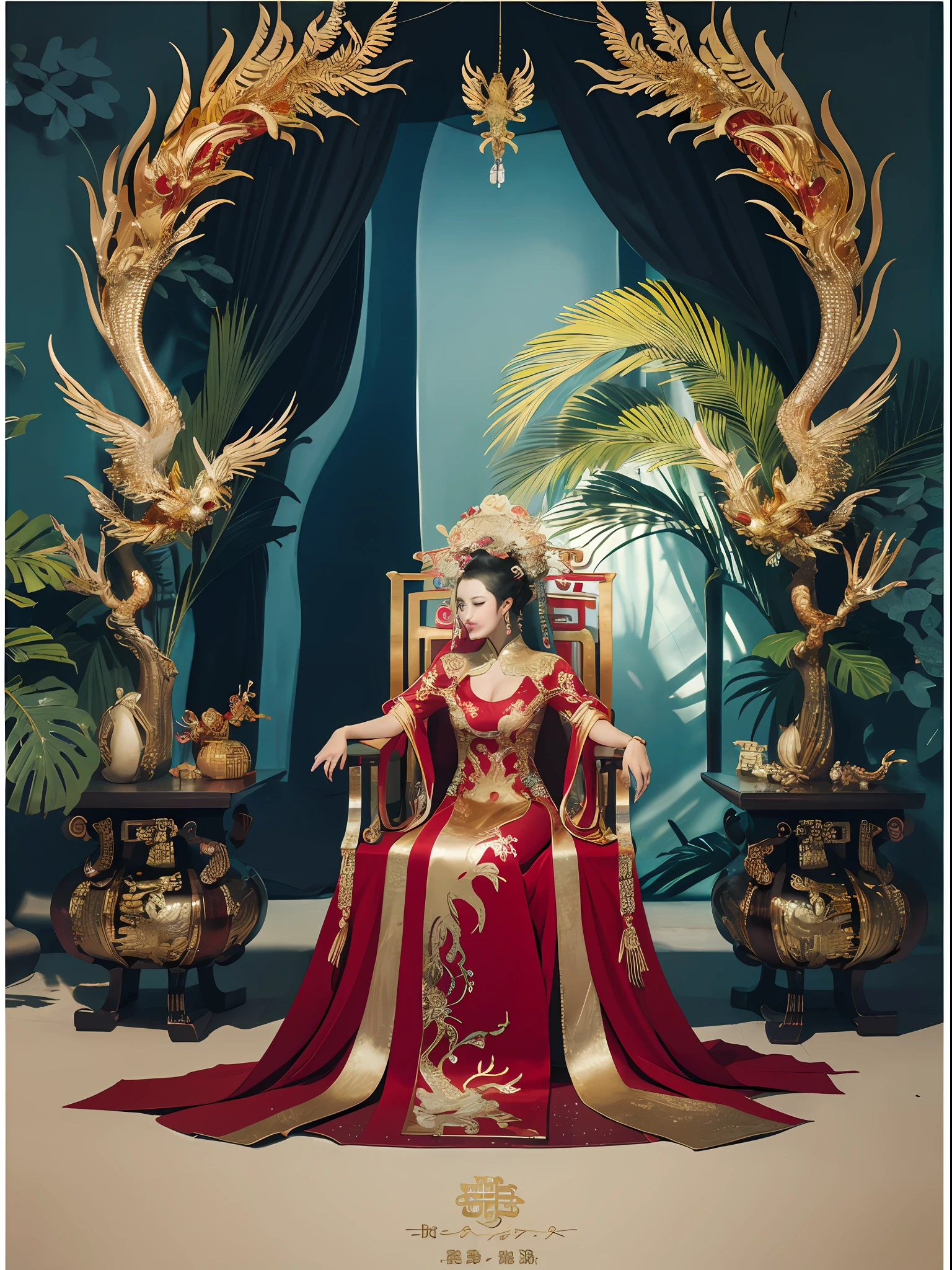 Eine chinesische Königin auf einem Thron sitzend, ein mit Edelsteinen besetzter Thron, umgeben von chinesischen Phönixbestien, Gold and ruby color, einzigartige Monsterillustration, dau al set, hohe Auflösung, ein Gemälde, dichte Zusammensetzung, spielerische Wiederholung, Edelsteine, Kristalle, Gold, Detaillierte Gemälde, einzigartige Monsterillustration, super feine Details, Realistisch, Super hohe Auflösung, Komplex, super detail, Kinobeleuchtung，(Red and Gold dress:1.3)