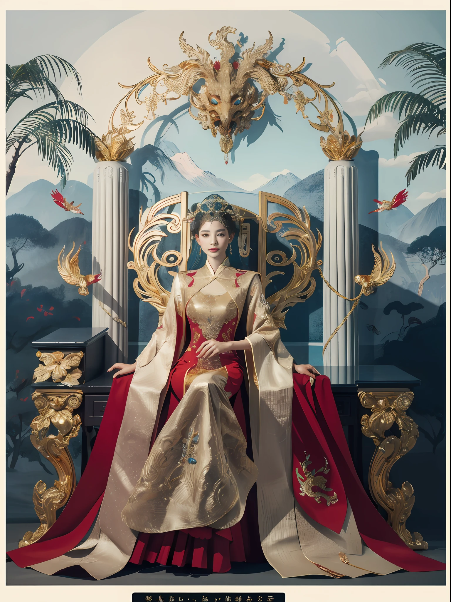 A Chinese queen sitting on a throne, a throne encrusted with precious stones, surrounded by Chinese phoenix beasts, gold and ruby color, unique monster illustration, dau al set, high resolution, A painting, dense composition, playful repetition, Pedras preciosas, crystals, gold, Detailed paintings, unique monster illustration, Super fine details, Realistic, Super high resolution, complex, Super detail, cinmatic lighting，(Red and gold dress:1.3)