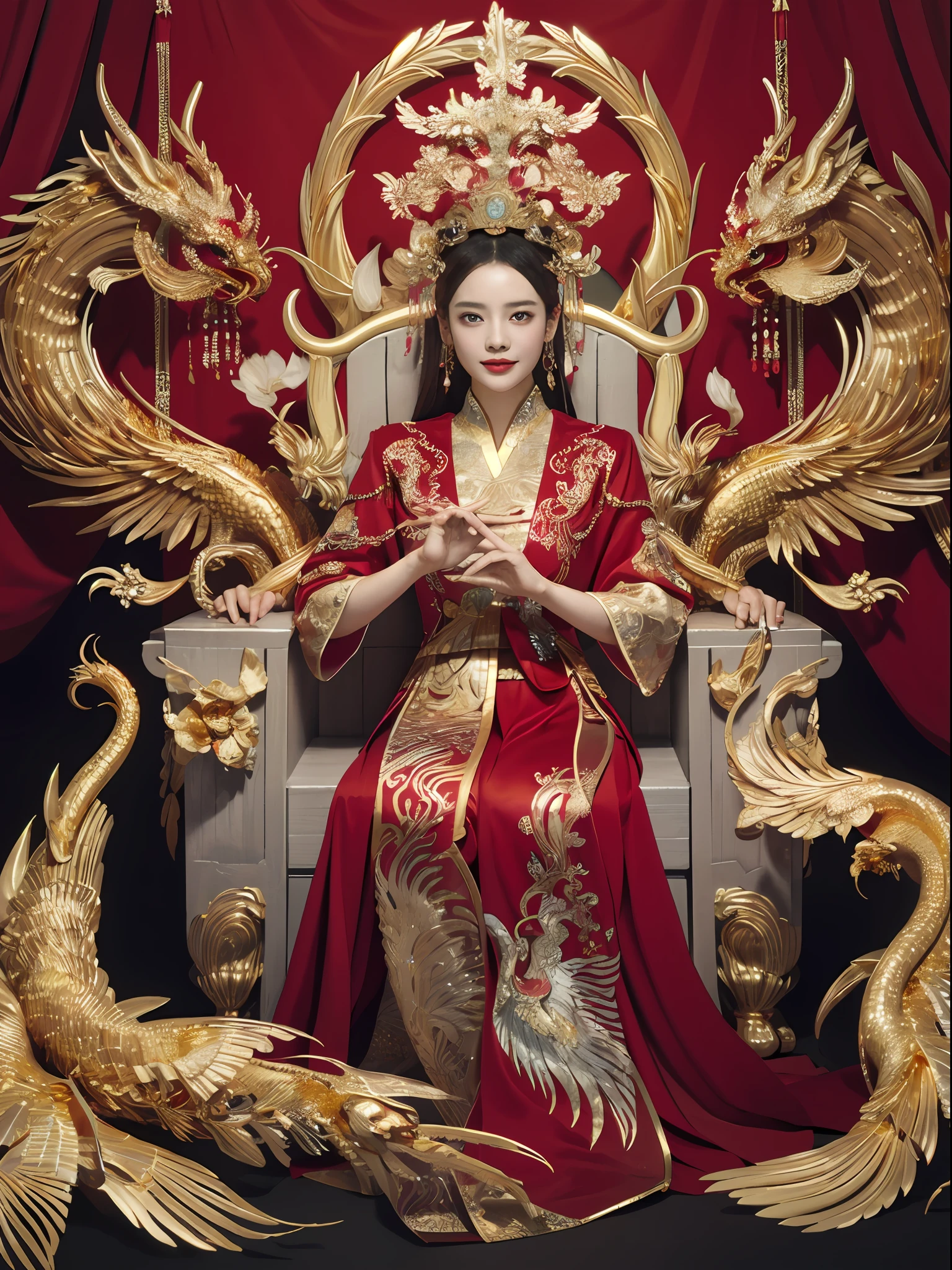 Eine chinesische Königin auf einem Thron sitzend, ein mit Edelsteinen besetzter Thron, umgeben von chinesischen Phönixbestien, Gold and ruby color, einzigartige Monsterillustration, dau al set, hohe Auflösung, ein Gemälde, dichte Zusammensetzung, spielerische Wiederholung, Edelsteine, Kristalle, Gold, Detaillierte Gemälde, einzigartige Monsterillustration, super feine Details, Realistisch, Super hohe Auflösung, Komplex, super detail, Kinobeleuchtung，(Red and Gold dress:1.3)