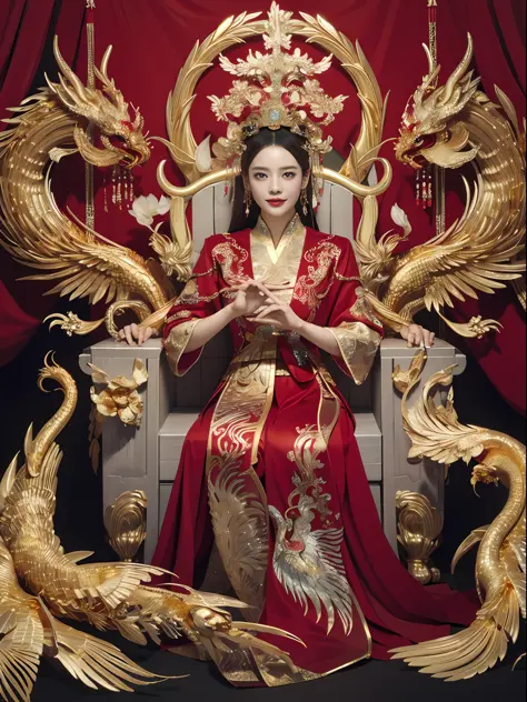 A Chinese queen sitting on a throne, a throne encrusted with precious stones, surrounded by Chinese phoenix beasts, gold and rub...